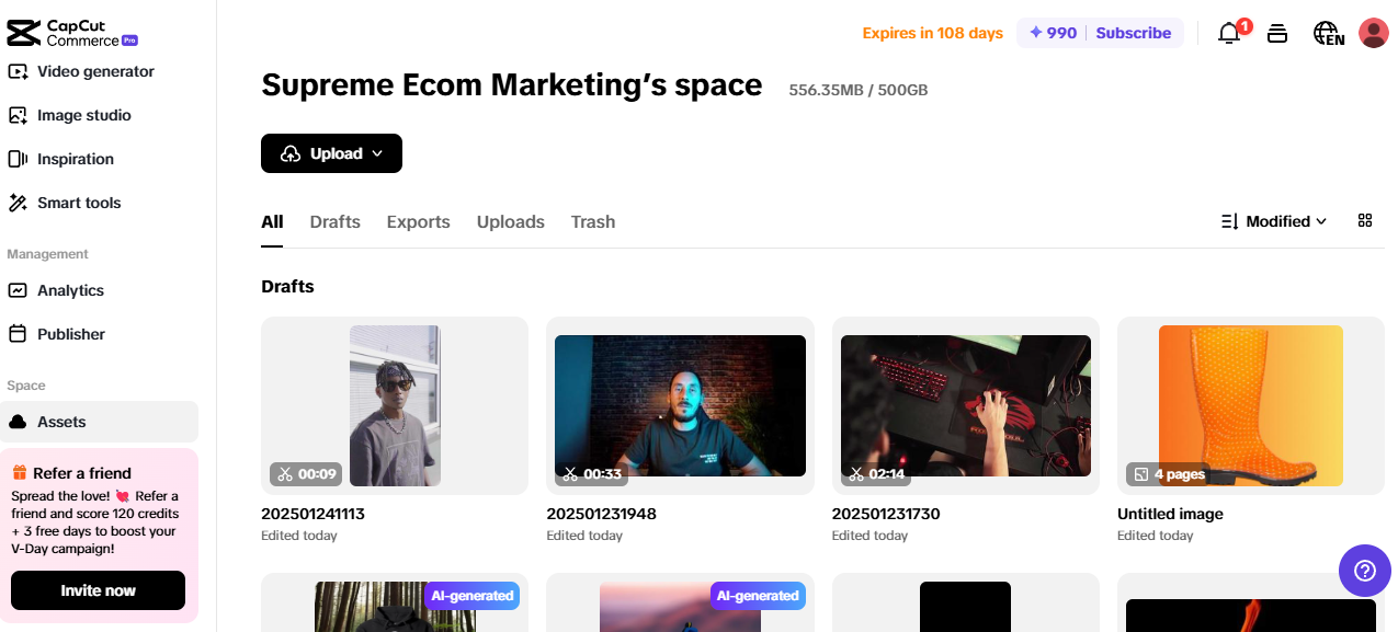 Pippit dashboard showcasing video marketing tools, AI content, and Supreme Ecom Marketing's drafts.